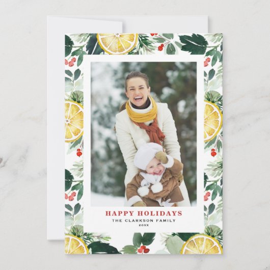 水彩レモンと冬の緑の写真 シーズンカード (正面)