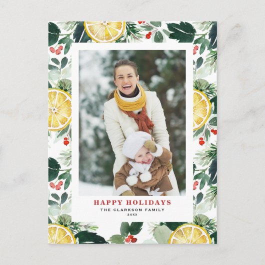 水彩レモンと冬の緑の写真 シーズンポストカード (正面)
