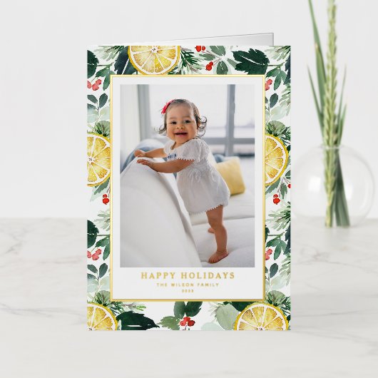 水彩レモンと冬の緑の写真 箔シーズンカード (正面)