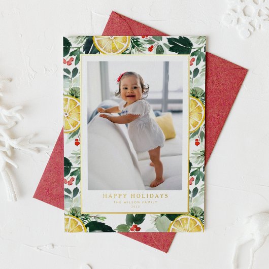 水彩レモンと冬の緑の写真 箔シーズンカード