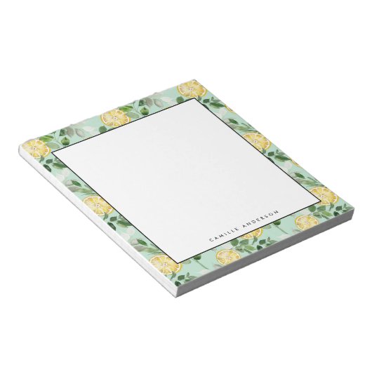 水彩レモンと緑のパターパーソナライズされたン ノートパッド (アングル)