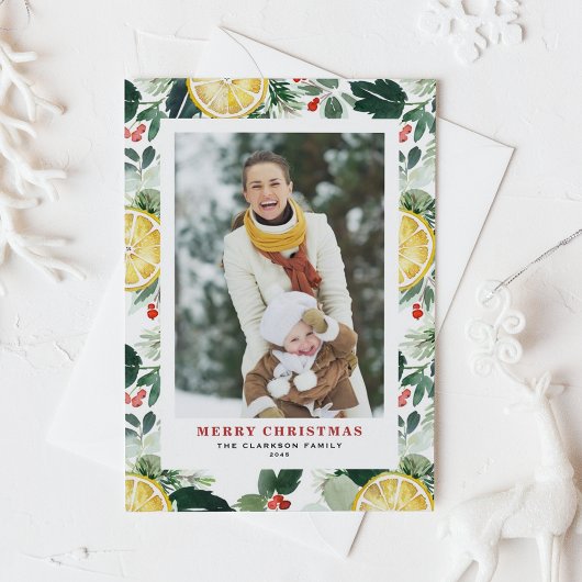 水彩レモンと緑のフォトクリスマス シーズンカード