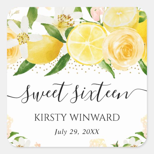 水彩レモンと花のSweet sixteen スクエアシール (正面)