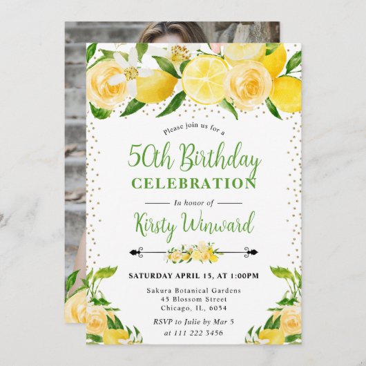 水彩レモンと花50歳の誕生日 招待状 (正面/裏面)