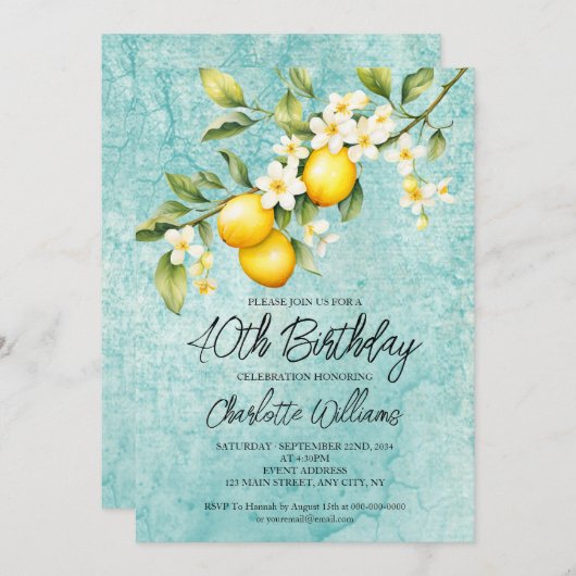 水彩レモンをテーマにした40歳の誕生日 招待状 (正面/裏面)