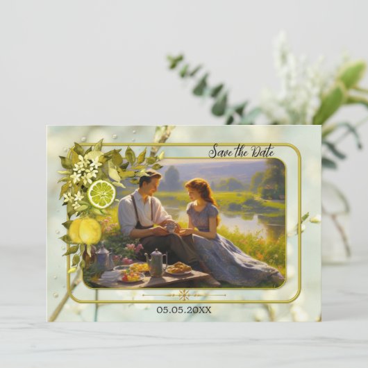 水彩レモンオーチャードフォトデイトカードを保存 セーブザデート (スタンド正面)