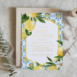 水彩レモンサマー地中海のベビーシャワー 箔招待状