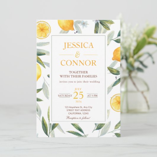 水彩レモンシトラスモダンフローラ結婚ズ 招待状 (スタンド正面)