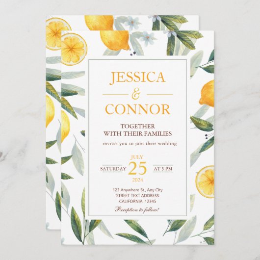 水彩レモンシトラスモダンフローラ結婚ズ 招待状 (正面/裏面)