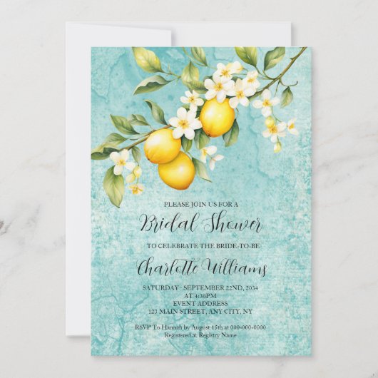 水彩レモンテーマのブライダルシャワー 招待状 (正面)