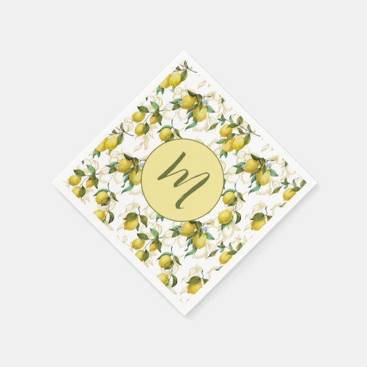 水彩レモンパターンパーソナライズされたイニシャル スタンダードカクテルナプキン (角)