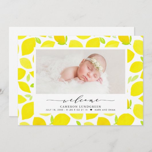 水彩レモンパターン写真誕生のお知らせ 案内状 (正面/裏面)