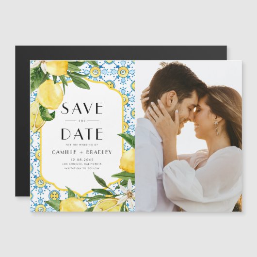 水彩レモンフォト地中海の日付を保存 マグネット招待状 (正面/裏面)