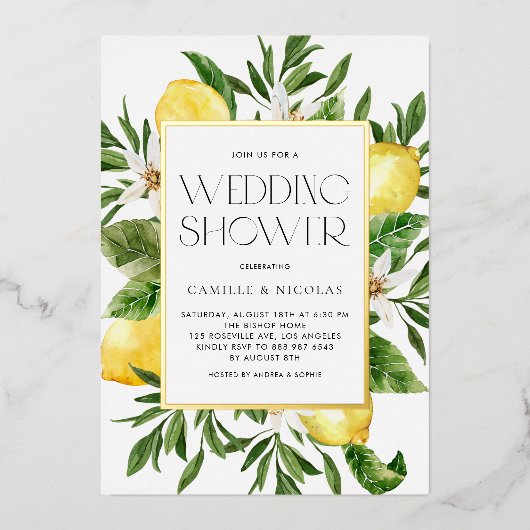 水彩レモンフレームボタニカルウェディングシャワー 箔招待状 (正面)