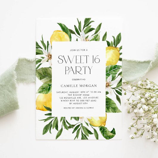 水彩レモンフレームボタニカルスウィート16パーティー 招待状