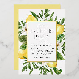 水彩レモンフレームボタニカルスウィート16パーティー 箔招待状