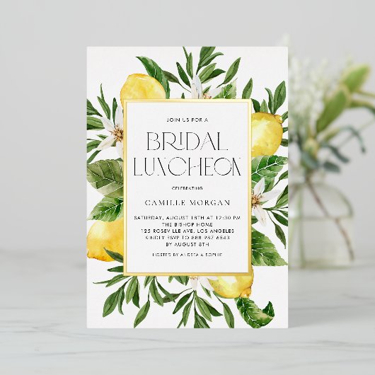 水彩レモンフレームボタニカルブライダルシャワー 箔招待状 (立ち正面)