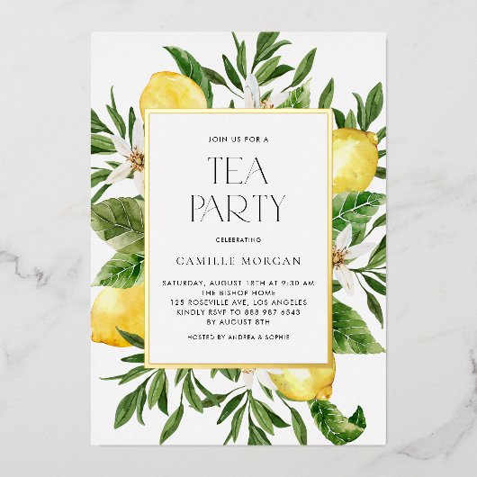 水彩レモンフレームボタニカルブライダルティーパーティー 箔招待状 (正面)