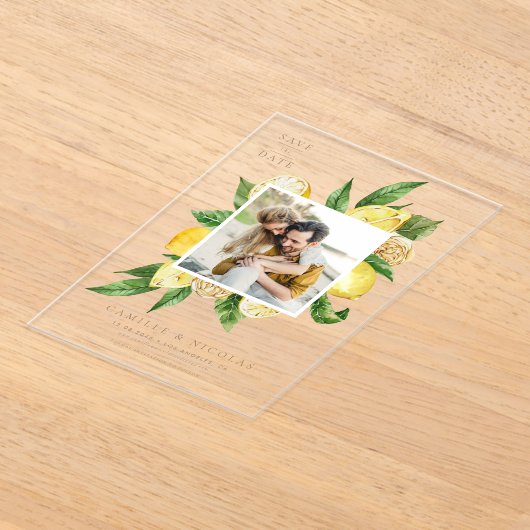 水彩レモンフレーム植物写真 アクリル招待状 (レイダウン)