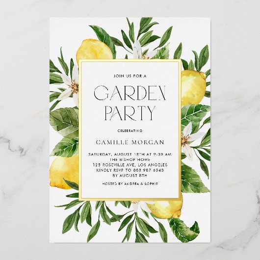 水彩レモンフレーム植物園パーティー 箔招待状 (正面)