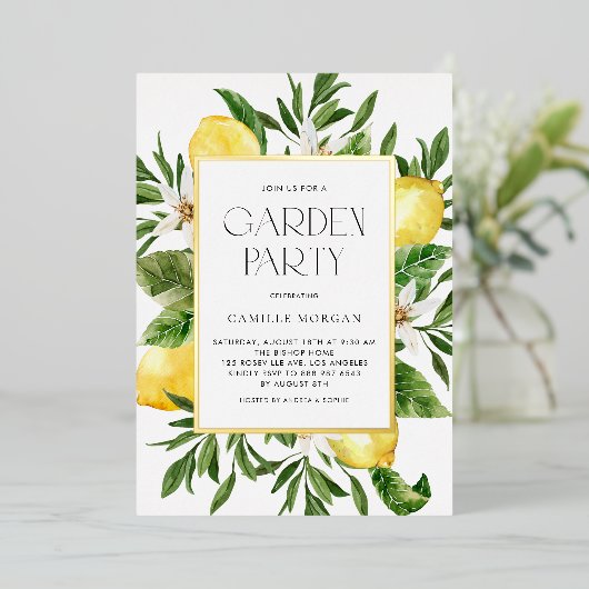 水彩レモンフレーム植物園パーティー 箔招待状 (立ち正面)