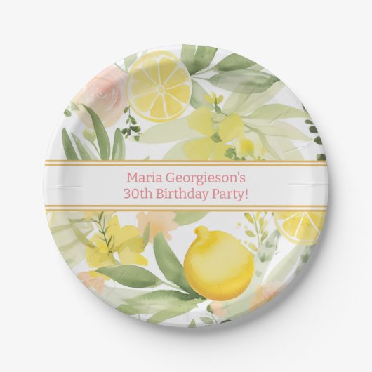 水彩レモンフローラをテーマにした誕生日パーティー ペーパープレート (正面)