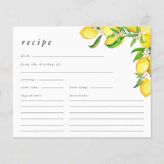 水彩レモンブライダルシャワーレシピカード (正面)