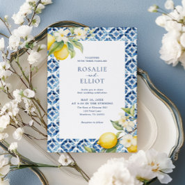 水彩レモンブルータイルイタリアン結婚ズ 招待状
