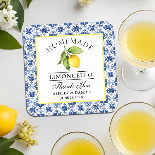 水彩レモンブルータイルリモンチェロ結婚ズ スクエアペーパーコースター