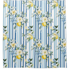 水彩レモンブルーホワイトストライプ シャワーカーテン