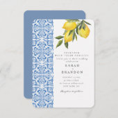水彩レモンブルー地中海の結婚タイル 招待状 (正面/裏面)
