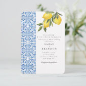 水彩レモンブルー地中海の結婚タイル 招待状 (スタンド正面)