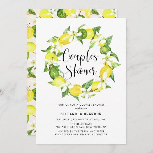 水彩レモンブロッサムリースカップルシャワー 招待状 (正面/裏面)