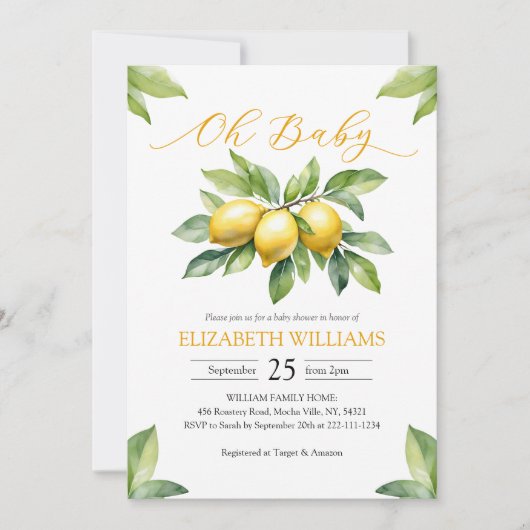 水彩レモンベビーシャワー 招待状 (正面)