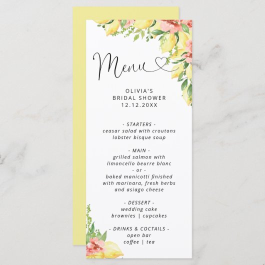 水彩レモンメインスクイーズブライダルシャワーメニュー メニュー (正面/裏面)