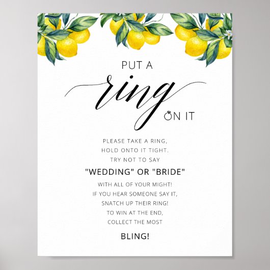 水彩レモンリングや輪ゲームブライダルシャワー標識 ポスター (正面)