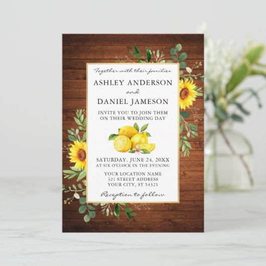 水彩レモン写真木ひまわり結婚の花 招待状 (スタンド正面)