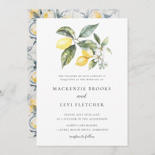 水彩レモン地中海のの結婚葉 招待状 (正面/裏面)