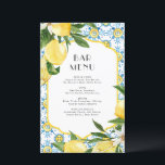 水彩レモン地中海のバーメニューカード<br><div class="desc">水彩レモン、緑、タイルバーを使ったカスタマイズ可能なレモンのメニュー地中海のカード。日付と食事の選択を追加してパーソナライズ。このレモンメニューカードは、夏の結婚式、赤ちゃんシャワー、ブライダルシャワー、誕生日などに最適。</div>