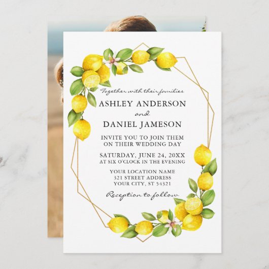 水彩レモン緑の写真ジオフレーム結婚ズ 招待状 (正面/裏面)