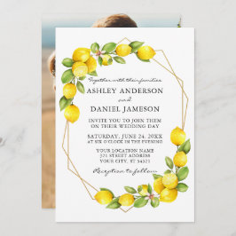 水彩レモン緑の写真ジオフレーム結婚ズ 招待状
