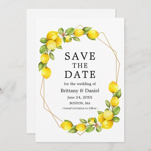 水彩レモン緑の金ゴールドジオフレーム セーブザデート (正面/裏面)