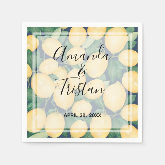 水彩レモン緑オンネイビーブルー スタンダードカクテルナプキン (正面)