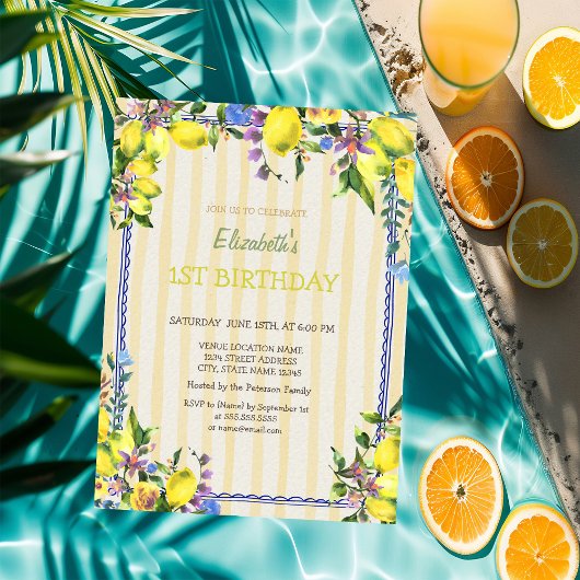 水彩レモン花イエローストライプ誕生日 招待状