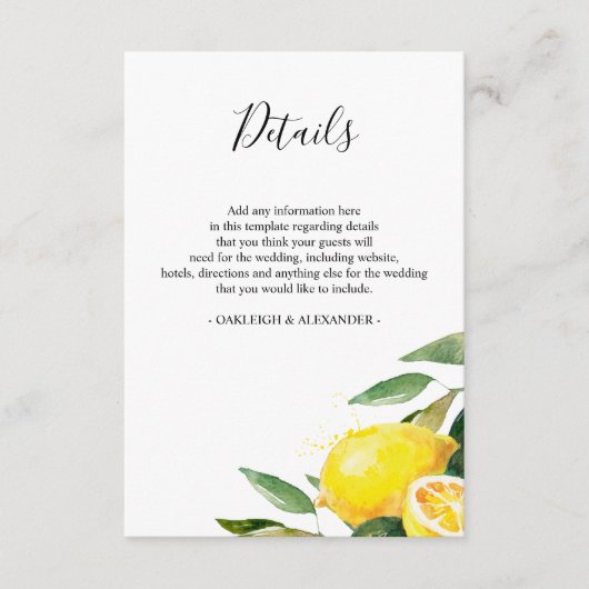 水彩レモン葉との結婚詳細 エンクロージャーカード (正面)