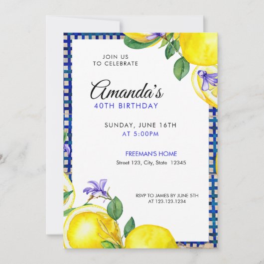 水彩レモン40地中海の歳の誕生日 招待状 (正面)