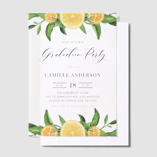 水彩レモン・オレンジ卒業パーティー ベラム紙招待状 (オフセット)
