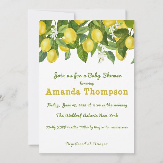 水彩レモン&フラワーイエローホワイトベビーシャワー 招待状 (正面)