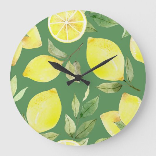 水彩レモン、フルーツ壁紙パターン。 ラージ壁時計 (正面)