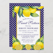 水彩レモン 花柄 青ドット スイート16 招待状 (正面/裏面)